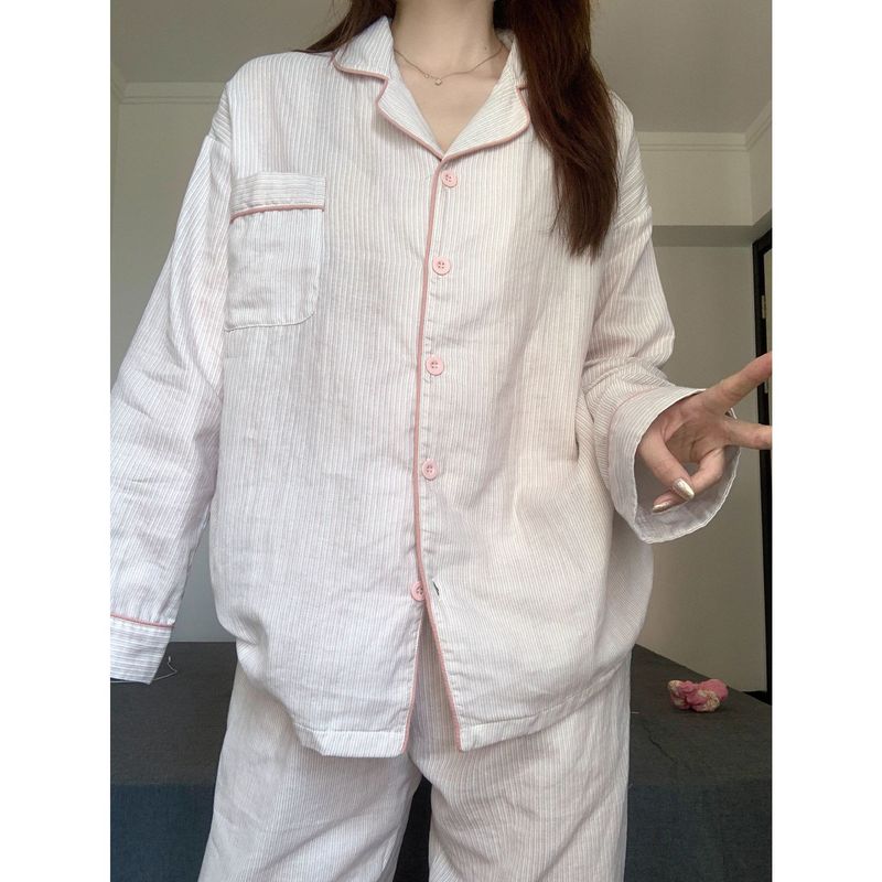 韩版条纹睡衣女春秋季长袖套装云朵棉纱布家居服大码网红风可外穿|undefined