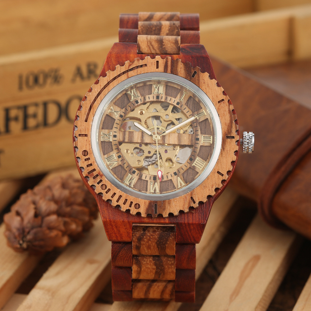 Men's Watch Made of Ebony/Red Sandalwood with Zebra Wood, Automatic Mechanical Wooden Watch with Skeleton Roman Numerals, in Stock