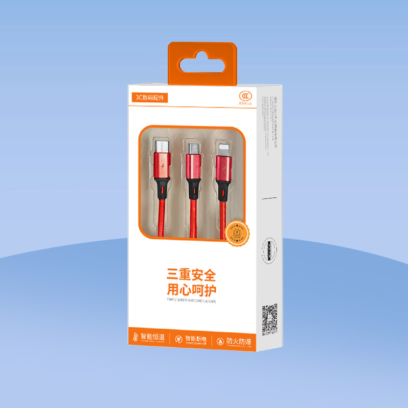 Cable de datos trenzado tres en uno de carga rápida 3A, listo para usar en fábrica, adecuado para Apple, Android y tipo C, cable de carga uno a tres.