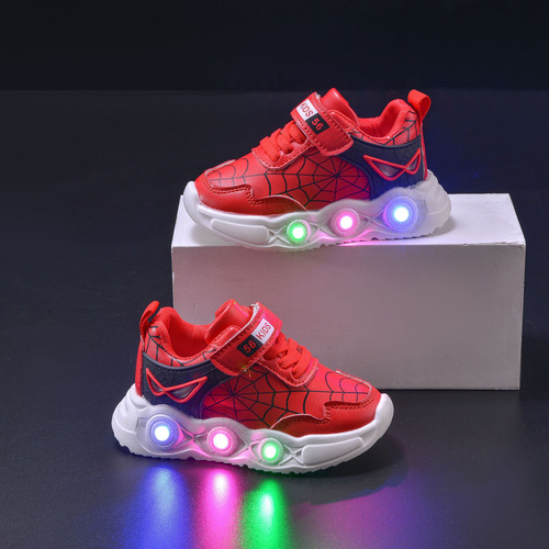 Spring and Autumn Lighting Children's Leather Spider Web LED Light-up Sports Shoes for Young Boys, Casual Sports Shoes