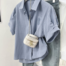 山力达迪夏季大码条纹刺绣正肩短袖衬衫女设计感小众polo衬衣休闲