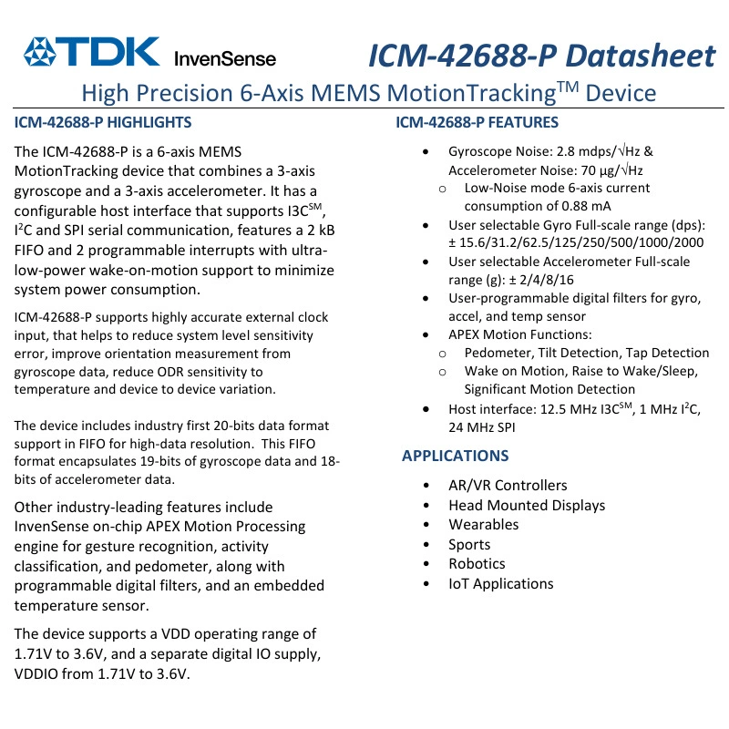 ICM-42688-P в корпусе LGA-14 ±2000 dps, 16/19 бит, 32 кГц, RTC, маркировка I428P