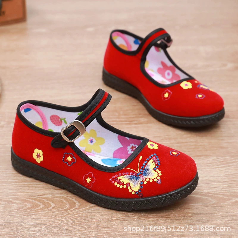 Детская вышитая красная ритуальная обувь для танцевальных представлений для девочек, черные тканевые туфли, Женская Одиночная детская обувь, детская обувь в этническом стиле