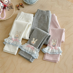 [Ningli] Girls' Leggings 2025 Autumn Cartoon Printed Casual Pants with Lace Splicing Stretch Slim Pants