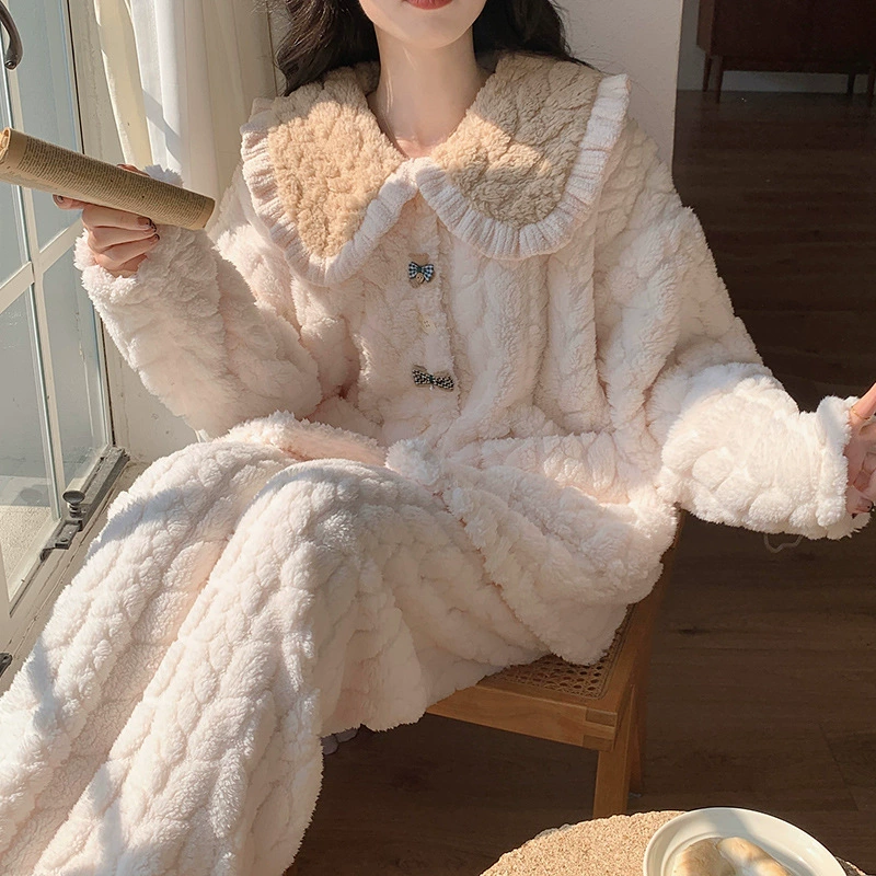 2024 пижама женский зимний новый коралловый розовый бархат теплый кардиган с лацканом принцессы ветер носить костюм на дому