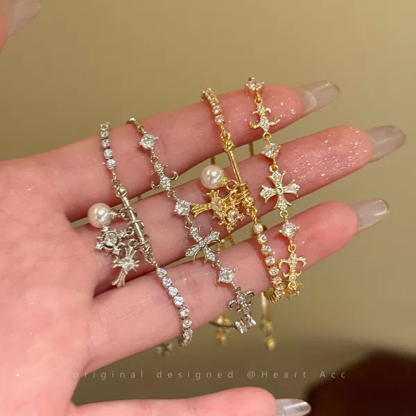 Cross Zircon Pull Bracelet for Women, Accessible Luxury Crow Heart Stacked Bracelet, Niche High-End Elegant, Versatile Bracelet