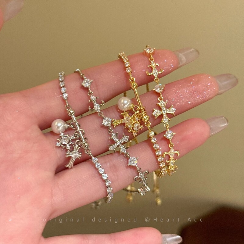 Cross Zircon Pull Bracelet for Women, Accessible Luxury Crow Heart Stacked Bracelet, Niche High-End Elegant, Versatile Bracelet