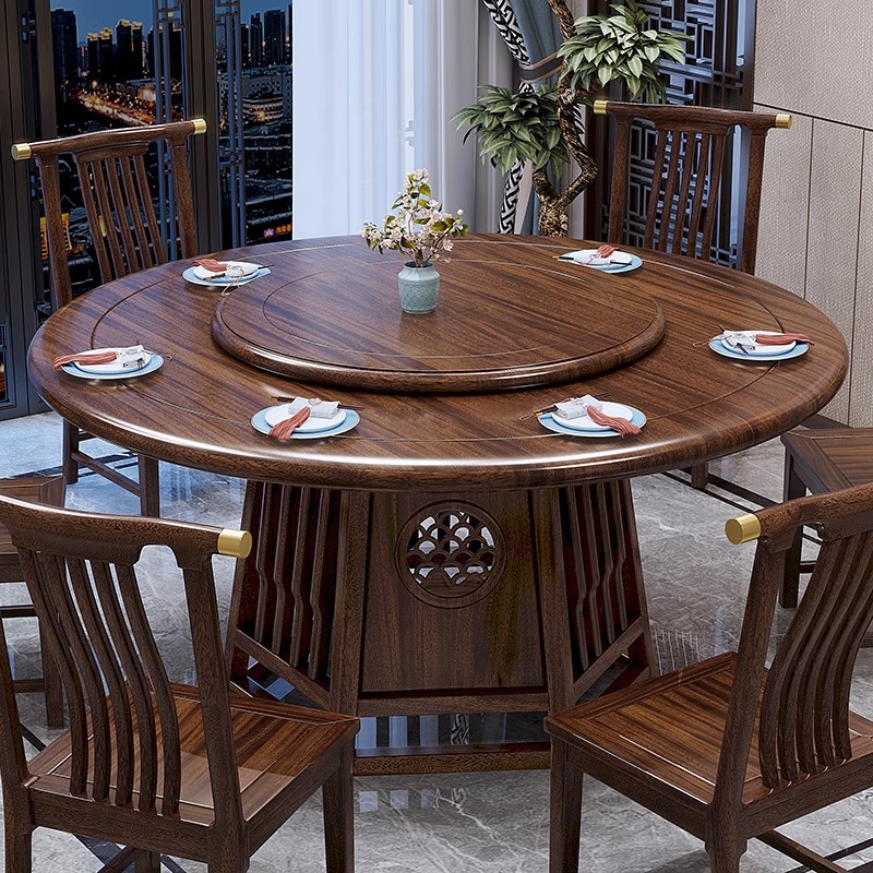 新中式烏金木餐桌椅組合輕奢全實木圓桌帶轉盤現代簡約家用吃飯桌