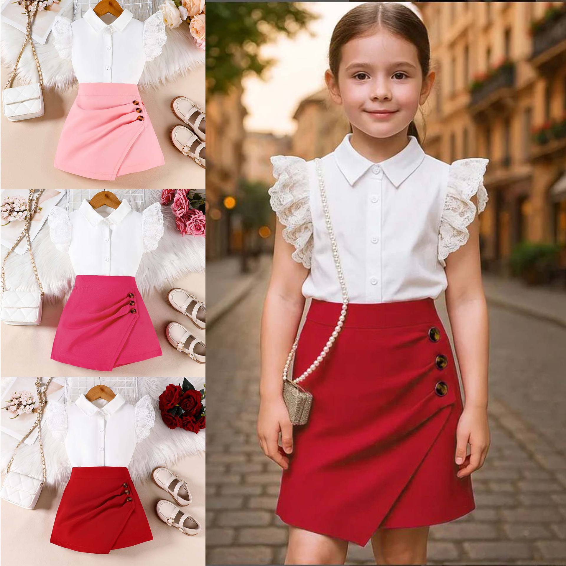 European and American Export Children's Clothing Summer New Style Lapel Lace Flying Sleeve Shirt Top Asymmetrical Culottes Girls Two-Piece Set