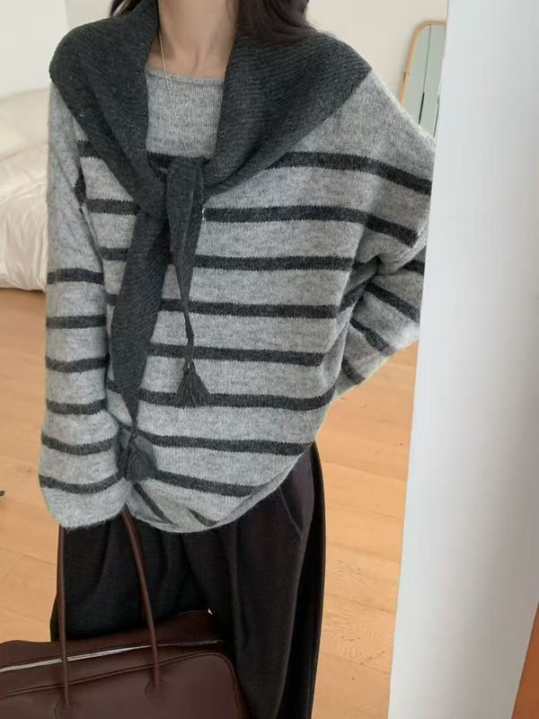 复古宽松慵懒风条纹披肩针织衫秋冬款撞色宽松显瘦圆领套头毛衣女|undefined