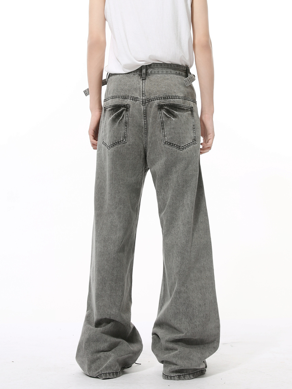 MTLCLOTHES Hombres| Otoño nuevo nicho retró cinturón ajustable rectas sueltas jeans grises