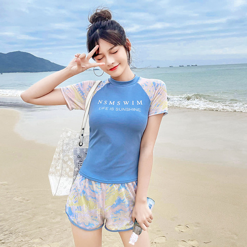 2024 new split sports short-sleeved two-piece set for students, conservative and slim, hot spring student swimsuit for women