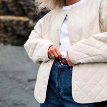 北歐 小眾設計 經典菱格紋絎縫棉質帆布 肌理廓形寬松夾棉外套女