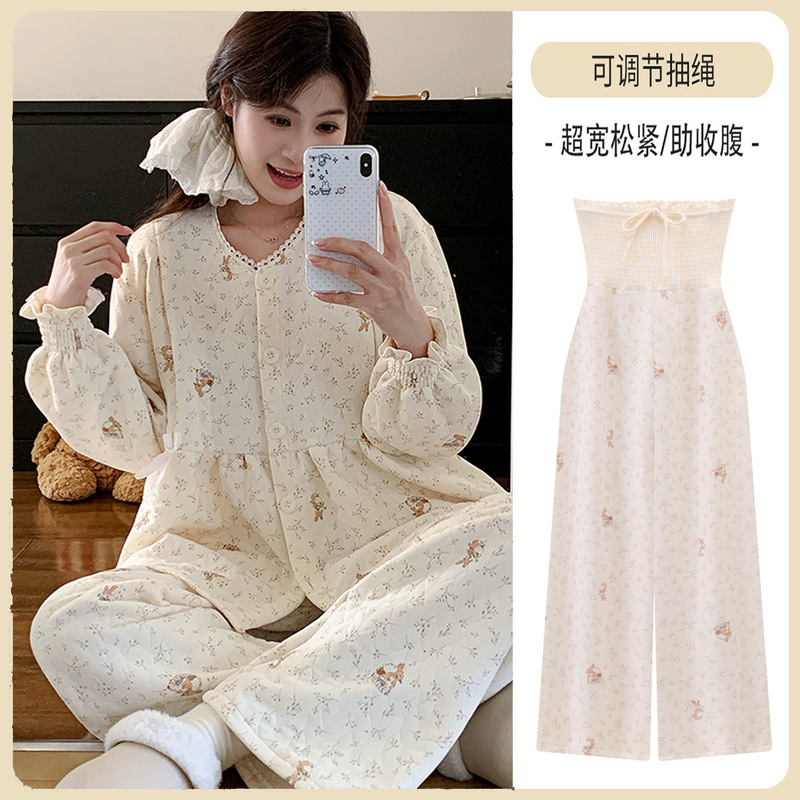 Sweet and comfortable air cotton maternity pajamas for women, designed for autumn and winter, with a thickened inner layer for added warmth, a two-piece set suitable for pregnancy and postpartum wear Sweet and comfortable air cotton maternity pajamas for women, designed for autumn and winter, with a thickened inner layer for added warmth, a two-piece set suitable for pregnancy and postpartum wear