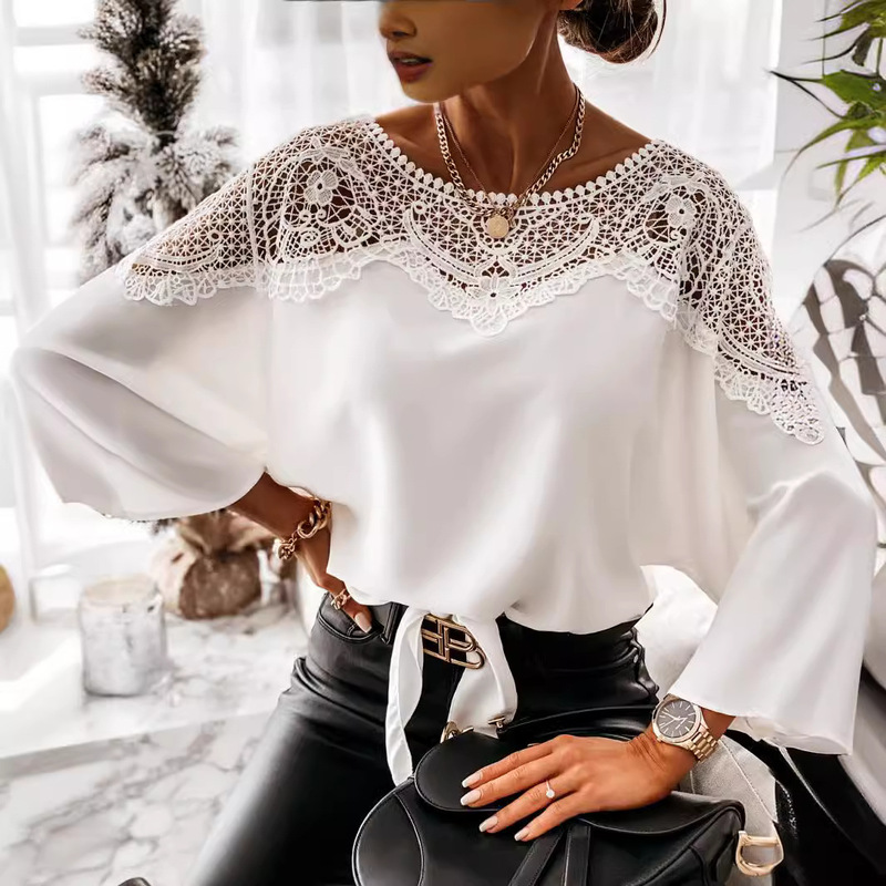 Spring and Autumn new long-sleeved lace shirt solid color commuter top round neck