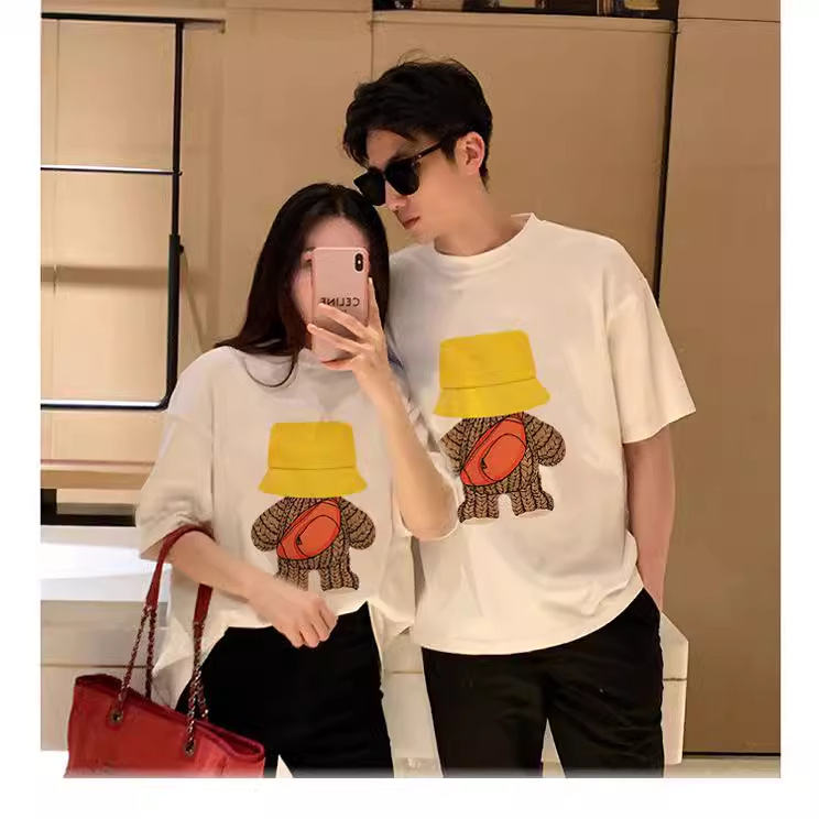 Bordado tridimensional ropa para padres e hijos 2024 nuevo verano pescador sombrero oso familia tres boca cuatro boca camiseta manga corta