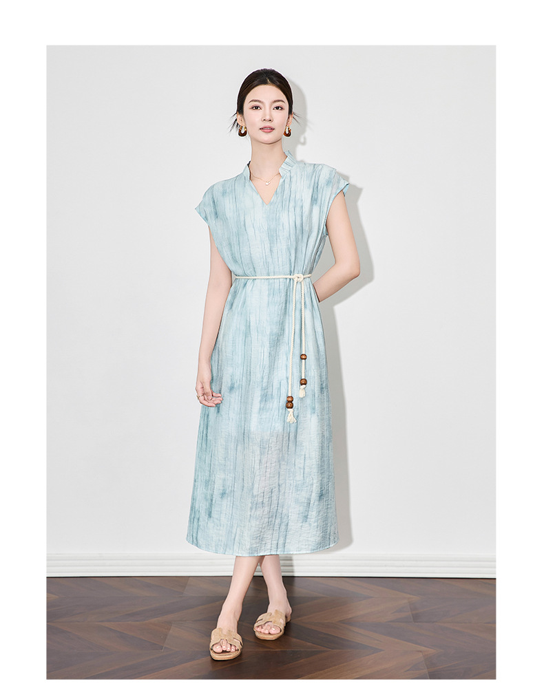 Váy dài nữ họa tiết mực jacquard Tencel phong cách nghỉ dưỡng mùa hè — Màu xanh lam chi tiết 7