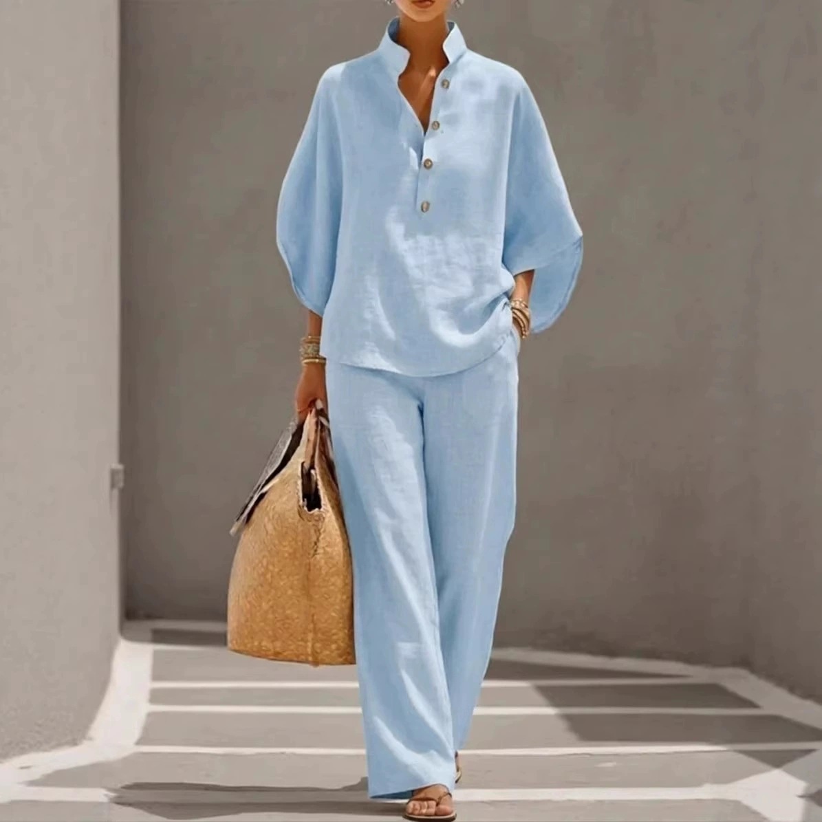 AliExpress Amazon 2026 nueva camisa de algodón y lino transfronterizo de mujer ropa de mujer casual urbana conjunto de estación independiente