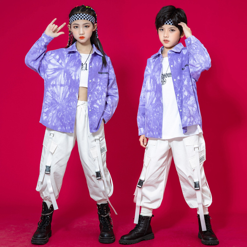 Children girls boys Purple hip-hop Rapper street dance costumes boys and girls hip hop Gogo dancers dance outfits children's model catwalk performance clothes