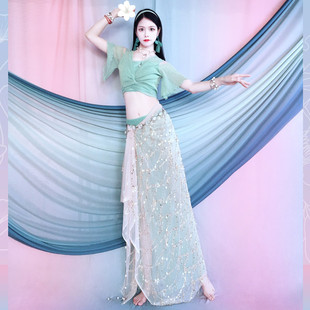 Belly Dance Clothing, Elegant Fairy-Like Light Green Top, Sequined Tassel Apron, Dance Performance Clothing, Kidsren's Suit