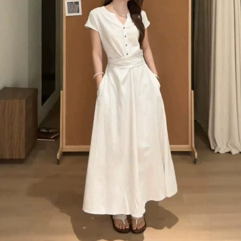 White Striped Shirt Dress for Women, Summer 2026 New Style, Extremely Beautiful, Unique, and Stunning, with a Waist-Cinching Long Skirt White Striped Shirt Dress for Women, Summer 2026 New Style, Extremely Beautiful, Unique, and Stunning, with a Waist-Cinching Long Skirt