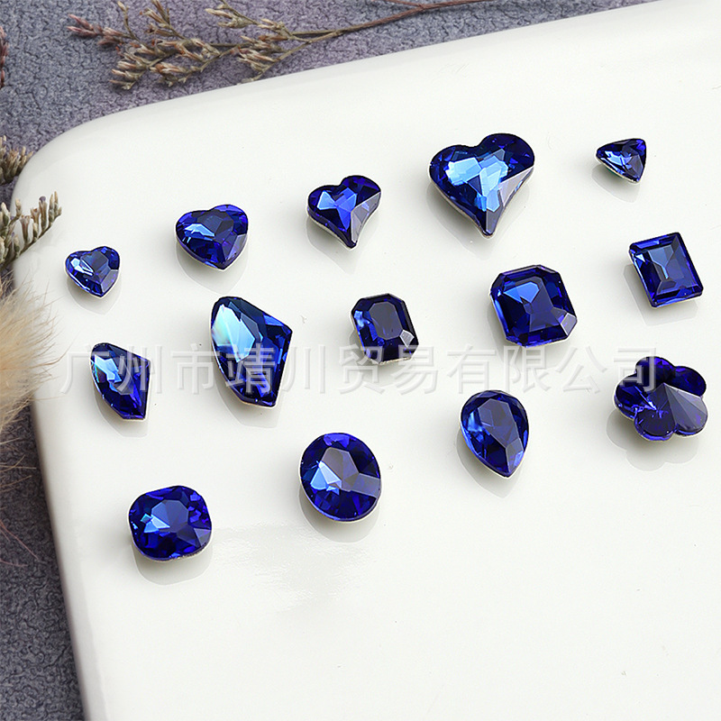 Sapphire Blue new nail art pointed bottom diamond jewelry all-match crooked heart axe peach heart Oval water drop shaped nail drill