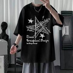 トレンド4 ハンサムな五分袖メンズTシャツ 夏 薄手 トレンドブランド ゆったり 大きいサイズ 韓国版 ファット半袖Tシャツ 男女兼用