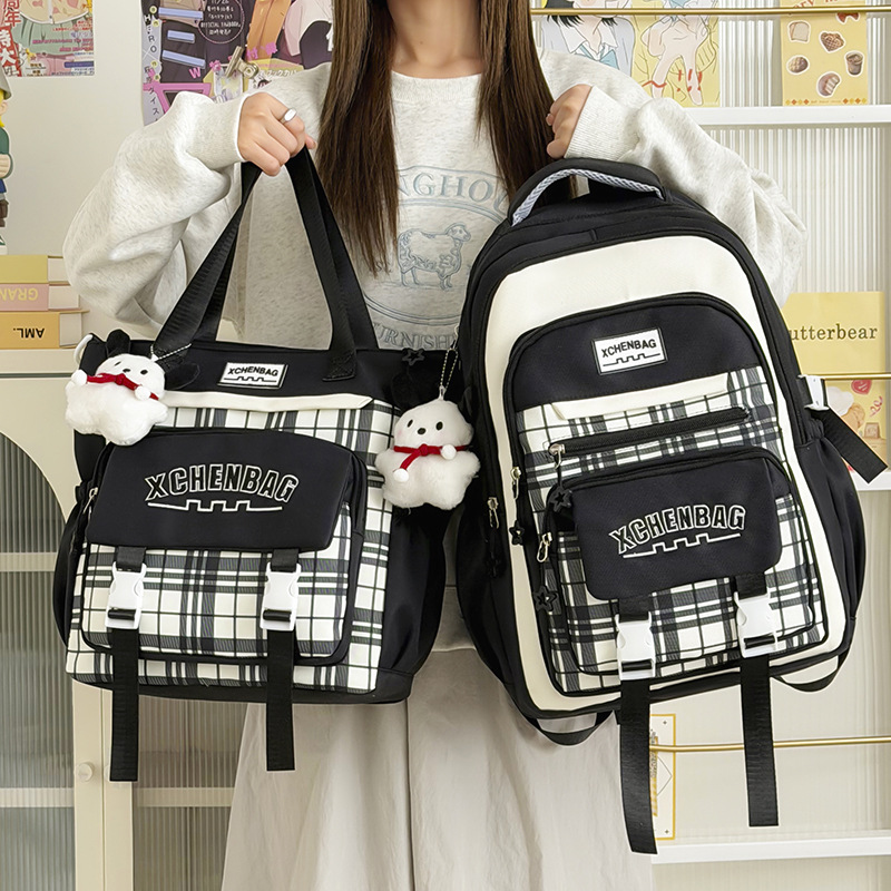 Highly stylish color-blocked plaid backpack for junior high school students, large-capacity laptop backpack for high school students, lightweight campus backpack