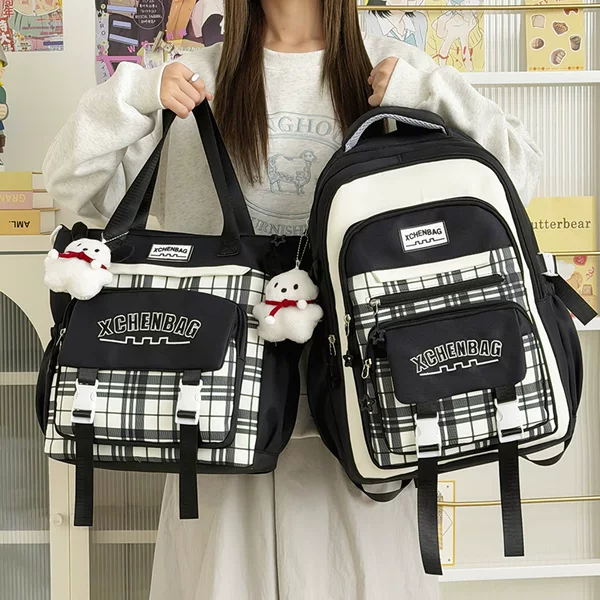 Highly stylish color-blocked plaid backpack for junior high school students, large-capacity laptop backpack for high school students, lightweight campus backpack