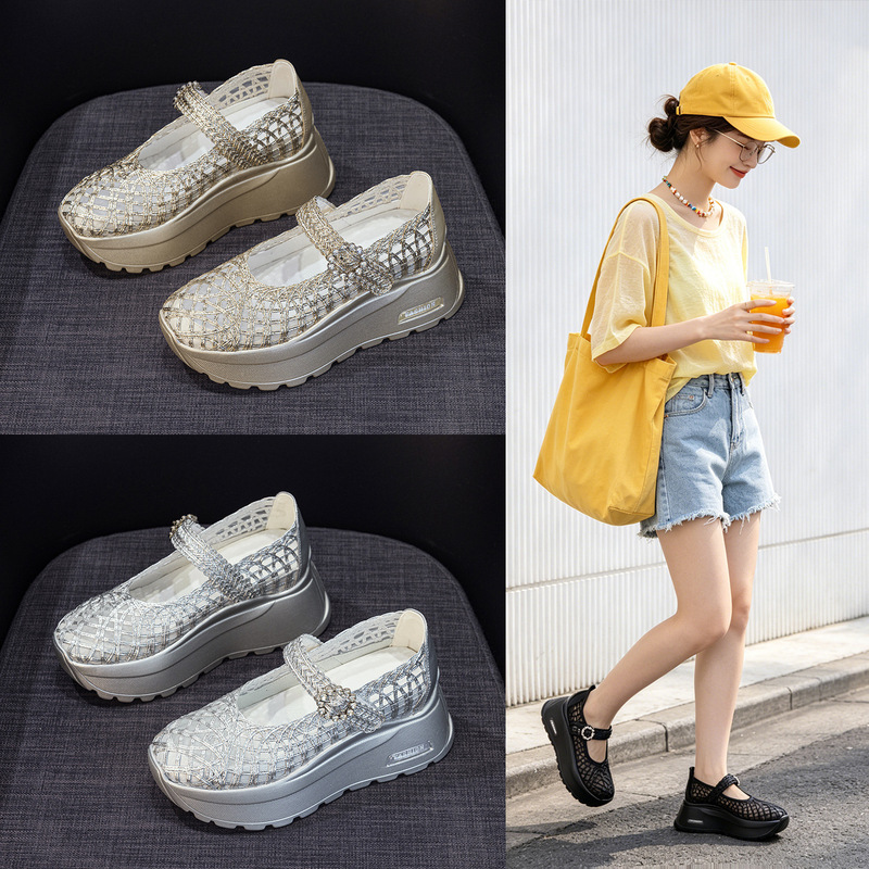 Women's thick-soled fisherman shoes 2026 summer new style wedge platform shoes, straw mesh Mary Jane transparent women's sandals