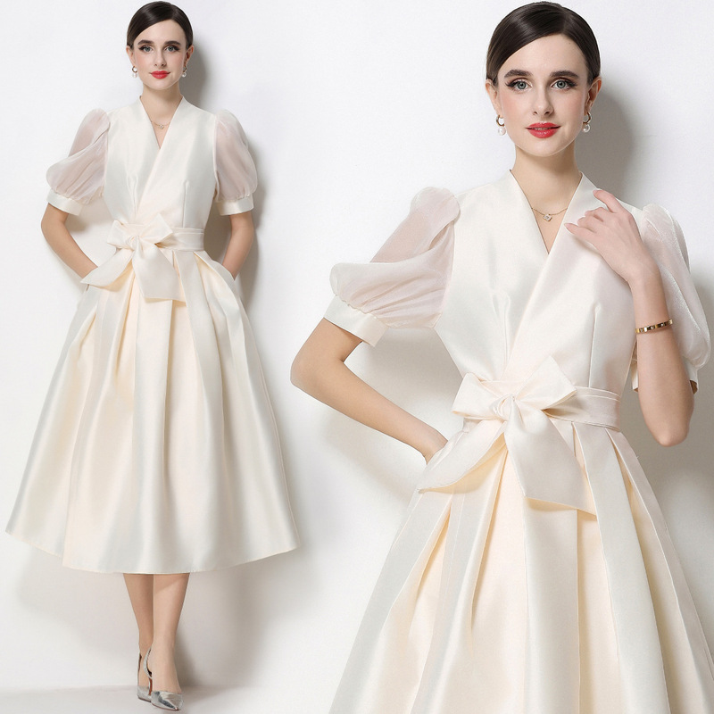 1522 Real Shot of a Stylish Satin V-Neck Dress with Puff Sleeves, Tie Waist, Slimming A-Line Gown with Floral Embellishments 1522 Real Shot of a Stylish Satin V-Neck Dress with Puff Sleeves, Tie Waist, Slimming A-Line Gown with Floral Embellishments
