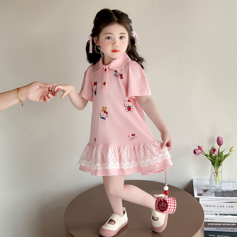 Girls Casual dress Summer New 2025 Kids Baby Short Sleeve College Doll Collar Cartoon Polo Dress