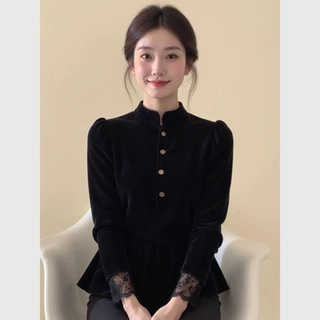 新中式黑色蕾丝拼接衬衫女2026冬季新款绝美国风盘扣丝绒上衣