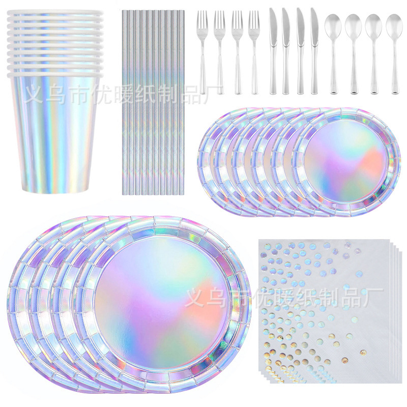Spot Thickeneded Wholesale Paper Plate Laser Film Colorful Film Paper Cup Disposable Tableware Dinner Plate 10 Servings Amazon