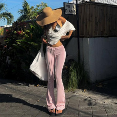 美式辣妹休闲长裤瑜伽基础时尚运动健身裸感舒适绑带低腰微喇裤女