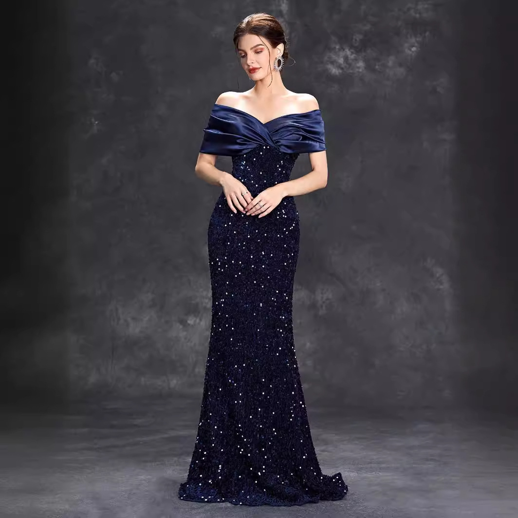 Vestido de noche cruzado sin hombros 2025, nuevo vestido de fiesta elegante y sexy de corte sirena ajustado para mujer, verano. image 5