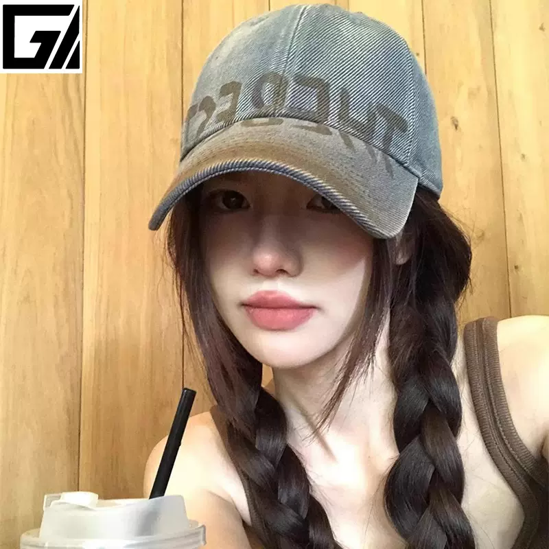 棒球帽美式复古水洗字母做旧宽檐大头围软顶运动帽时尚百搭显脸小