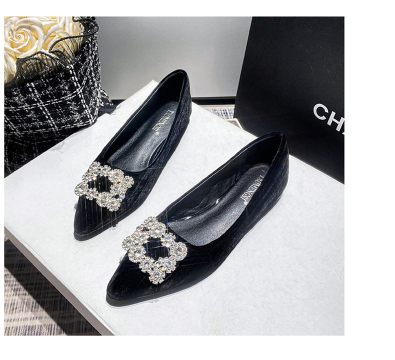 Giày búp bê nữ mũi nhọn nhung nhung Pháp khóa vuông đính đá, đế bằng, gót thấp 1–3 cm — Màu hồng (đáy phẳng), Màu đen (đế bằng) chi tiết 24