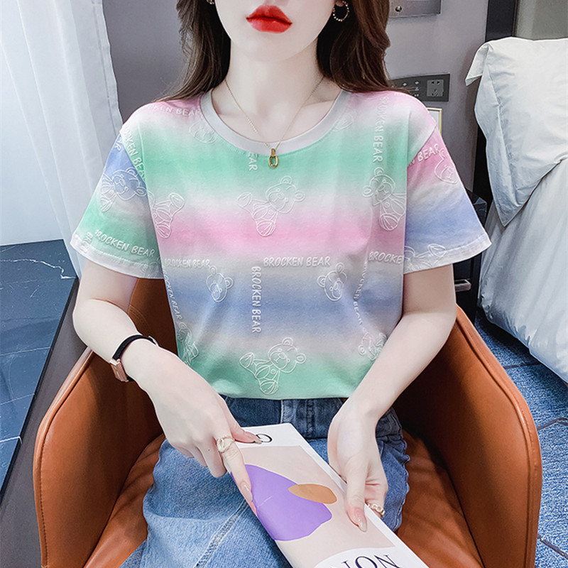 金韩2025夏季新款彩虹扎染熊短袖T恤女百搭圆领正肩印花短袖包邮