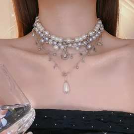 珍珠双层叠戴五角星珍珠水滴吊坠项链女甜酷辣妹风个性气质锁骨链