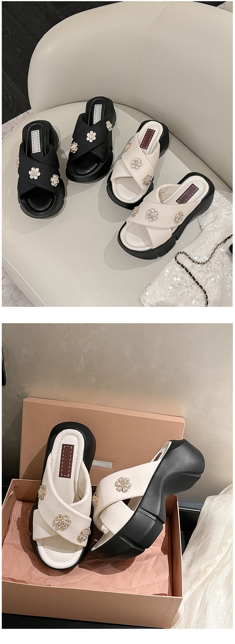 Dép sandal cao gót nữ quai chéo đính đá, đế platform dày, gót 9 cm — Màu đen, Màu trắng be chi tiết 7