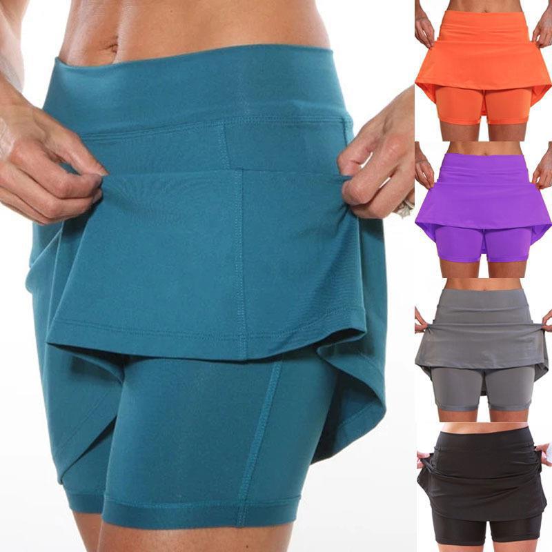 European and American Summer Women's Solid Color Mid-Waist Skirt Pants Women's Pocket Sports Casual Fake Two-Piece Pocket Short Skirt