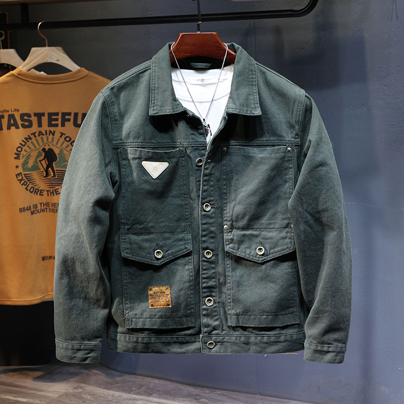V-embroidered Denim Jacket For Men Washed Lapel Tooling Style_voghion.com