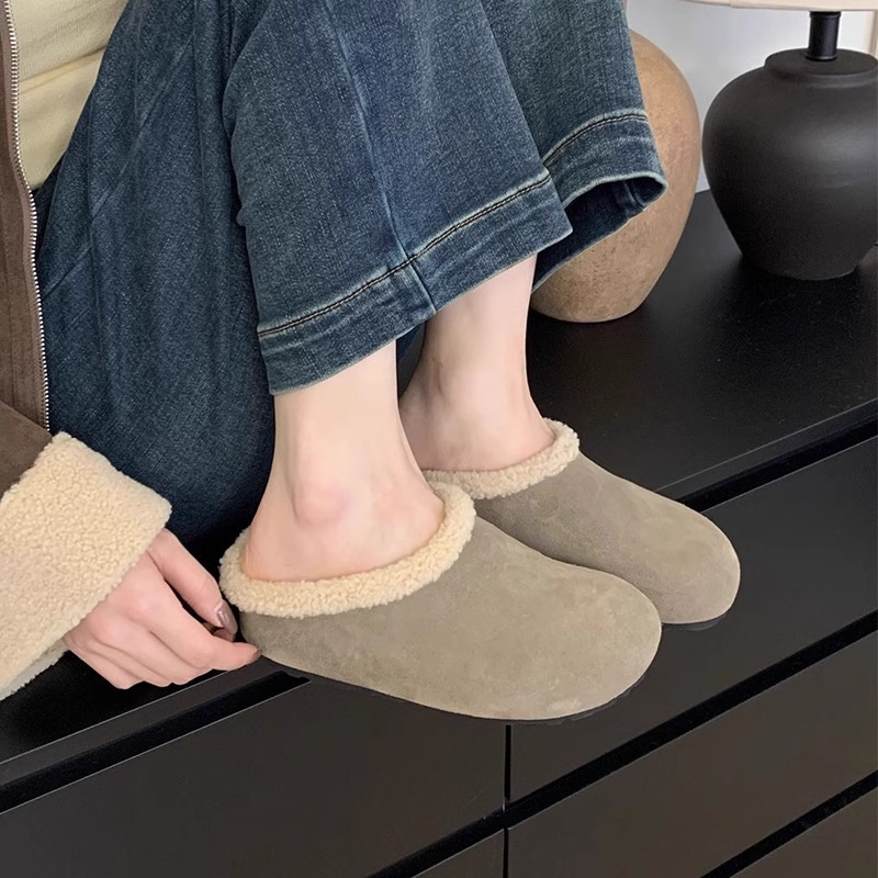 软皮版~厚底增高复古加绒勃肯鞋女外穿小个子一脚蹬包头保暖棉鞋|undefined