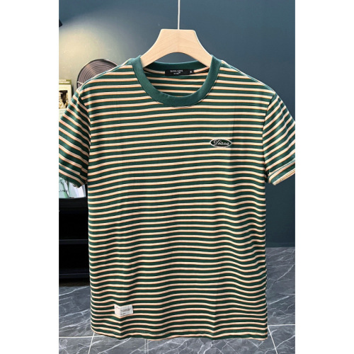 Men's Trendy Short-Sleeve T-Shirt with Ice-Texture Elastic Striped Material - Summer New Arrival Casual Loose Fit Stylish Crew Neck Top