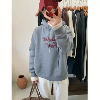 原单美式复古字母刺绣加绒连帽卫衣女灰色宽松百搭小个子休闲上衣