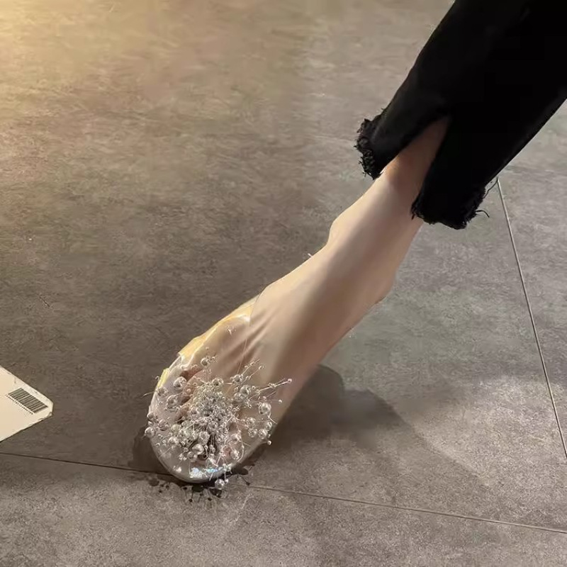 Designed with a Sparkling Touch, Transparent Beaded Toe-Cap Half Slippers for Women, Pearl Beaded Casual Round-Toe Sandals for Outdoor Wear Designed with a Sparkling Touch, Transparent Beaded Toe-Cap Half Slippers for Women, Pearl Beaded Casual Round-Toe Sandals for Outdoor Wear