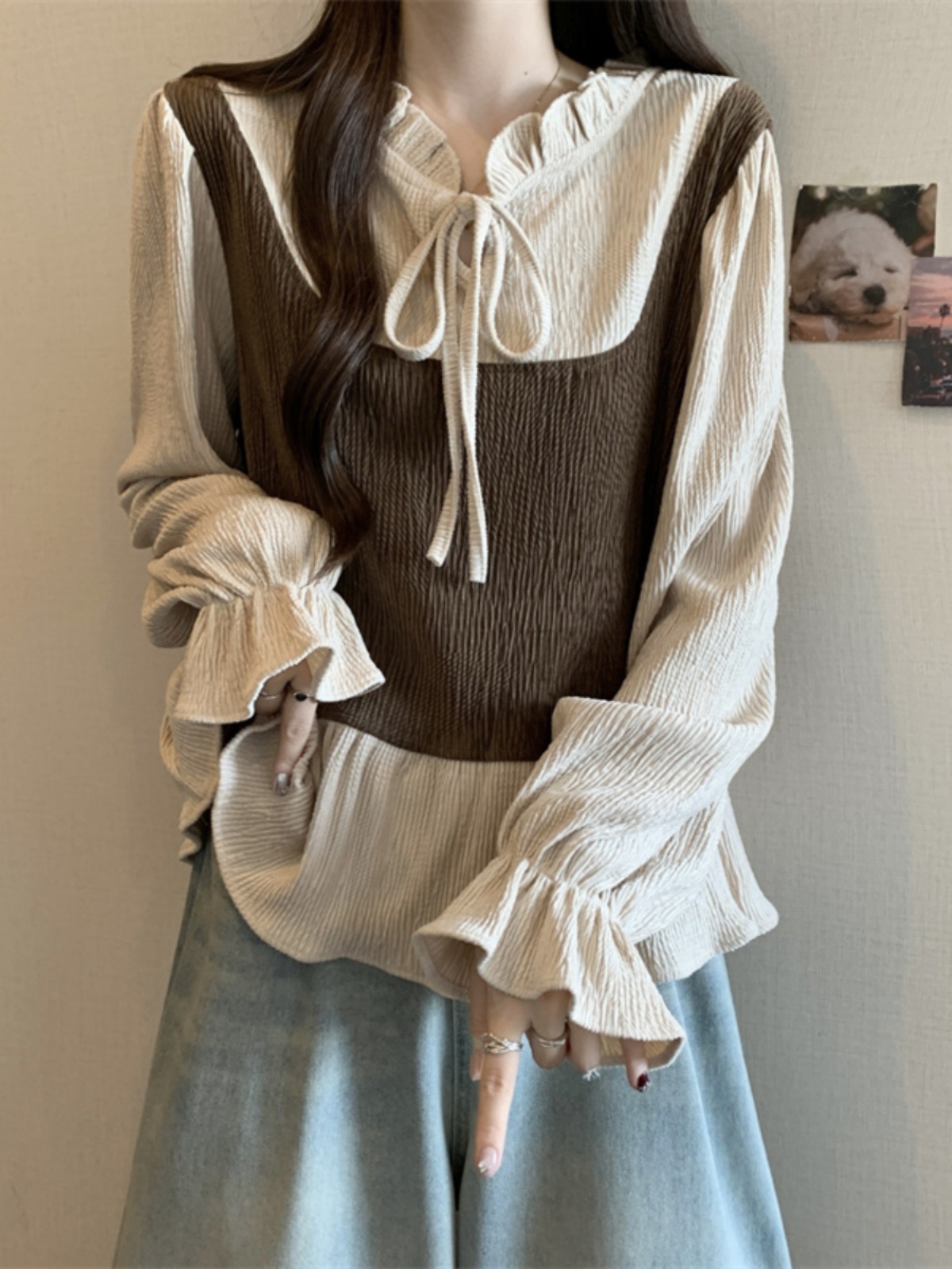 Designed Lace-Up Bow Long-Sleeved Shirt for Women Early Autumn Large Size Fat Fashionable Fake Two-Piece Top