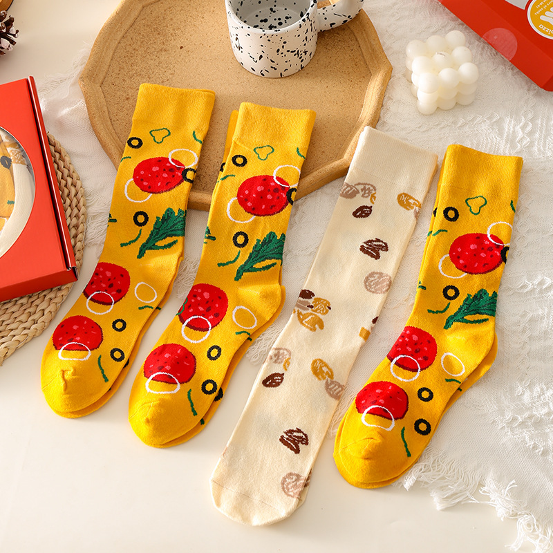 [4 pares de caja de regalo] calcetines de pizza creativos de algodón absorbente de sudor tendencia de personalidad de regalos extraños calcetines