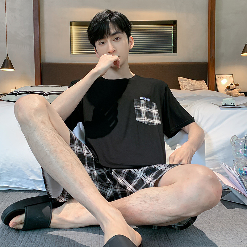 Verano de los nuevos hombres de manga corta modal pijamas casuales simples pantalones cortos a cuadros traje de ropa para el hogar en el extranjero al por mayor